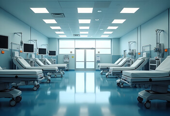 Hospital emergency ward with advanced equipment and empty patient beds, clean interior