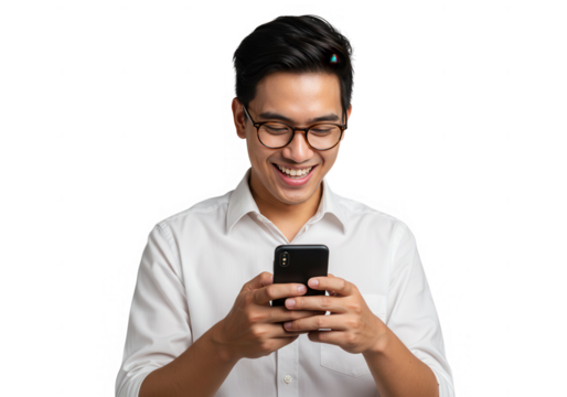 Happy man using smartphone isolated on transparent background