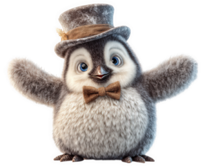 Cheerful penguin wearing tiny top hat and bow tie, spreading its arms wide in joyful manner. This adorable character exudes happiness and charm, perfect for fun and whimsical theme