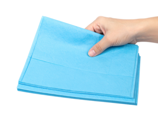 Female hand with blue paper napkins isolated on transparent or white background