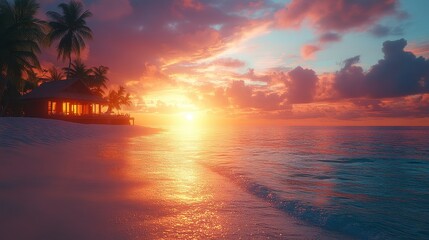 Beachside hut glows at sunset, reflecting on the water's edge in vibrant colors