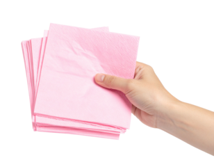 Female hand with pink paper napkins isolated on transparent or white background