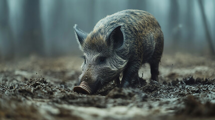 Close-Up of Wild Boar Foraging in the Forest