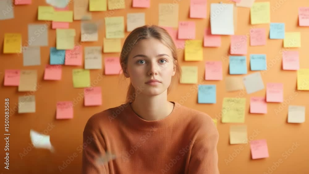 Poster young woman with a serious expression standing before an orange wall adorned with colorful sticky no