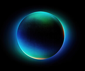 A mesmerizing digital depiction of a glowing planet, surrounded by a striking gradient of blues and greens against a dark backdrop, evoking feelings of cosmic wonder and mystery.