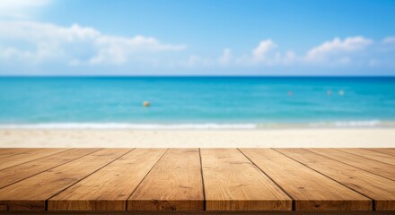 Fototapeta premium Photo Empty Wooden Table with Blurred Tropical Beach Ocean Background