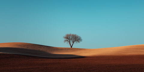 Fototapeta premium Shadowed lone tree on golden hill with bright blue sky 