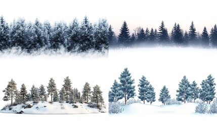 Obraz premium Four winter forest scenes, snow-covered trees against white background