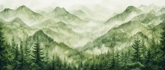 Fototapeta premium Watercolor landscape of dark green forest and layer mountains wild nature park hand paint. 
