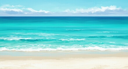 Obraz premium Photo Illustration of Turquoise Ocean Beach Under Blue Cloudy Sky Horizon
