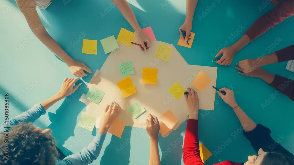 Poster Business team working together on a project using colorful sticky notes on a table, sharing ideas and collaborating in a modern office environment