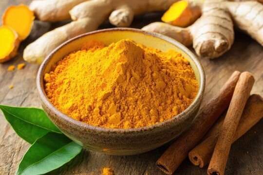 Golden turmeric powder in a bowl with ginger and cinnamon.