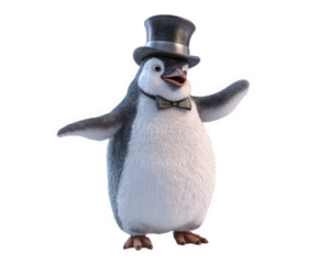 Cheerful penguin wearing tiny top hat and bow tie, exuding joy and charm. This delightful character stands with arms outstretched, ready to entertain and spread happiness