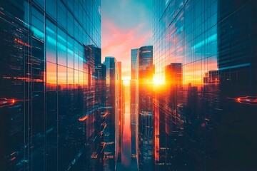 Obraz premium A stunning futuristic cityscape at dusk featuring metallic skyscrapers with reflective surfaces, flying cars zooming between buildings, and a vibrant neon-lit sunset sky. Rendered in a cyberpunk style