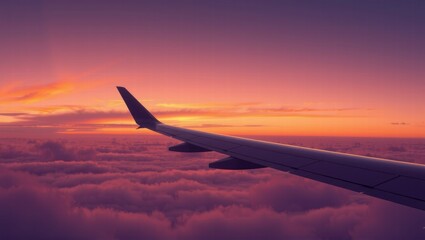 Obraz premium An airplane wing glides above a breathtaking sunset, casting golden light over fluffy clouds stretching into the horizon, creating a serene aerial travel scene. Generative, AI,