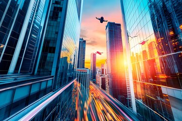 A stunning futuristic cityscape at dusk featuring metallic skyscrapers with reflective surfaces, flying cars zooming between buildings, and a vibrant neon-lit sunset sky. Rendered in a cyberpunk style