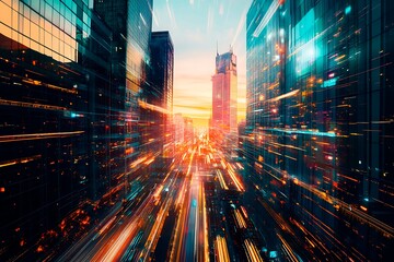 A stunning futuristic cityscape at dusk featuring metallic skyscrapers with reflective surfaces, flying cars zooming between buildings, and a vibrant neon-lit sunset sky. Rendered in a cyberpunk style