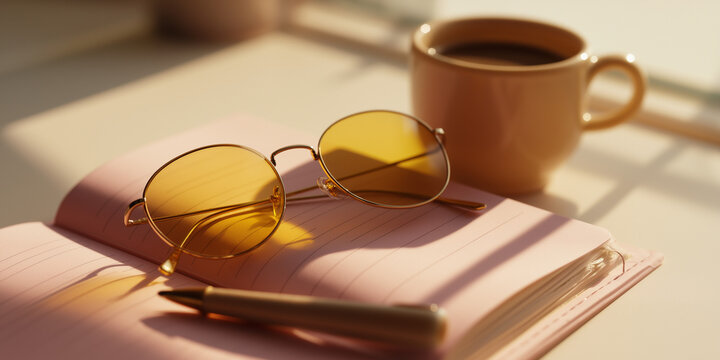 Round yellow sunglasses and pen on open notebook with coffee
