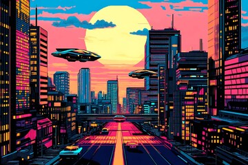 A stunning futuristic cityscape at dusk featuring metallic skyscrapers with reflective surfaces, flying cars zooming between buildings, and a vibrant neon-lit sunset sky. Rendered in a cyberpunk style