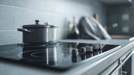 Clean kitchen countertop with electric cooker and detergent bottle, minimalist modern cooking space