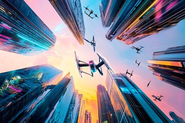 A stunning futuristic cityscape at dusk featuring metallic skyscrapers with reflective surfaces, flying cars zooming between buildings, and a vibrant neon-lit sunset sky. Rendered in a cyberpunk style