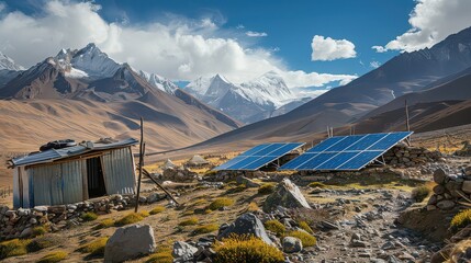 Solar panels and a small shack in a mountainous landscape under a partly cloudy blue sky backdrop view