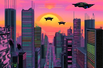 A stunning futuristic cityscape at dusk featuring metallic skyscrapers with reflective surfaces, flying cars zooming between buildings, and a vibrant neon-lit sunset sky. Rendered in a cyberpunk style
