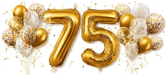 Golden Number 75 made of Inflatable Balloons for 75th Birthday Party Isolated on White Background