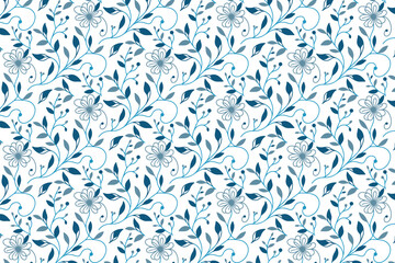 seamless blue cotton flower motif, line drawn floral textile design, repeat pattern for tablecloth, tote bag and kitchen wear

