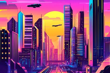 A stunning futuristic cityscape at dusk featuring metallic skyscrapers with reflective surfaces, flying cars zooming between buildings, and a vibrant neon-lit sunset sky. Rendered in a cyberpunk style