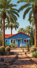 Photo of a Blue House with Red Roof Surrounded by Palm Trees and Cacti in a Desert Landscape