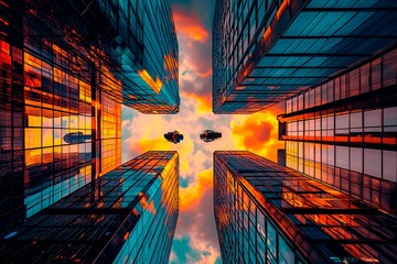 A stunning futuristic cityscape at dusk featuring metallic skyscrapers with reflective surfaces, flying cars zooming between buildings, and a vibrant neon-lit sunset sky. Rendered in a cyberpunk style