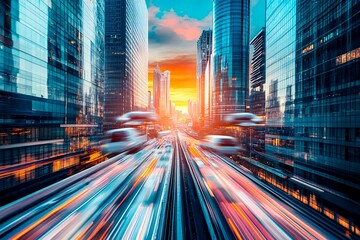 A stunning futuristic cityscape at dusk featuring metallic skyscrapers with reflective surfaces, flying cars zooming between buildings, and a vibrant neon-lit sunset sky. Rendered in a cyberpunk style