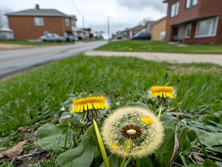 Yellow Dandelions and Seed Heads in Suburban Grass