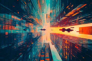 A stunning futuristic cityscape at dusk featuring metallic skyscrapers with reflective surfaces, flying cars zooming between buildings, and a vibrant neon-lit sunset sky. Rendered in a cyberpunk style