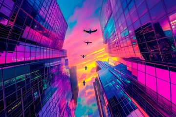 A stunning futuristic cityscape at dusk featuring metallic skyscrapers with reflective surfaces, flying cars zooming between buildings, and a vibrant neon-lit sunset sky. Rendered in a cyberpunk style