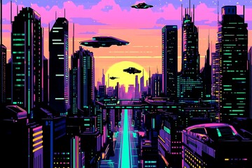 A stunning futuristic cityscape at dusk featuring metallic skyscrapers with reflective surfaces, flying cars zooming between buildings, and a vibrant neon-lit sunset sky. Rendered in a cyberpunk style