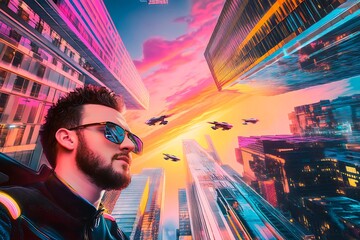 A stunning futuristic cityscape at dusk featuring metallic skyscrapers with reflective surfaces, flying cars zooming between buildings, and a vibrant neon-lit sunset sky. Rendered in a cyberpunk style