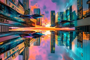 A stunning futuristic cityscape at dusk featuring metallic skyscrapers with reflective surfaces, flying cars zooming between buildings, and a vibrant neon-lit sunset sky. Rendered in a cyberpunk style