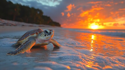 Turtle on a sandy beach facing sunset over ocean, warm light