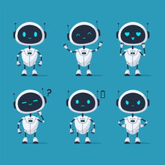 Set of cute robot character with different emotions happy, sad, angry, confused, in love, and low battery. Vector illustration, perfect for apps, games, tech and educational projects