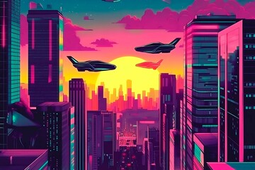 A stunning futuristic cityscape at dusk featuring metallic skyscrapers with reflective surfaces, flying cars zooming between buildings, and a vibrant neon-lit sunset sky. Rendered in a cyberpunk style