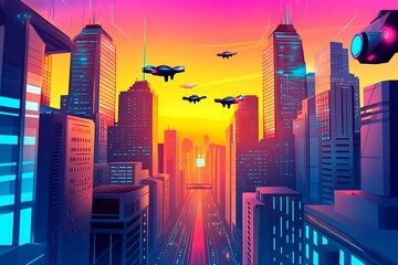 A stunning futuristic cityscape at dusk featuring metallic skyscrapers with reflective surfaces, flying cars zooming between buildings, and a vibrant neon-lit sunset sky. Rendered in a cyberpunk style