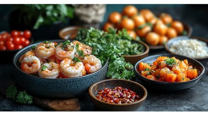 Shrimp dish with greens, tomatoes, oranges and chili peppers