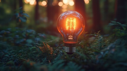 Illuminated bulb lays among forest flora, embodying invention and eco-consciousness within nature's realm