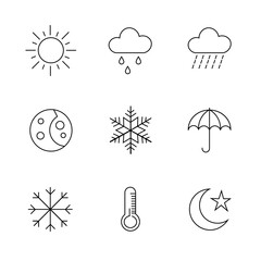 Weather Icon Set – Sun, Rain, Snow, Moon, and Thermometer in Line Style
