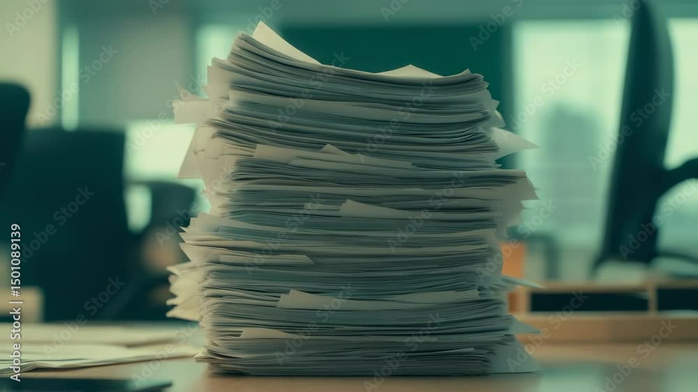 Poster Large stack of unorganized papers creates visual representation of paperwork, illustrating administrative workload and office clutter in professional setting