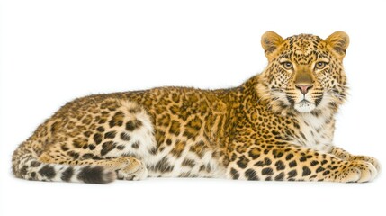 Obraz premium Leopard lying down isolated against a white background in a studio shot