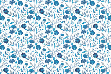 blue floral textile pattern design, cotton flower seamless outline, line sketch artwork for fashion, wrapping and upholstery

