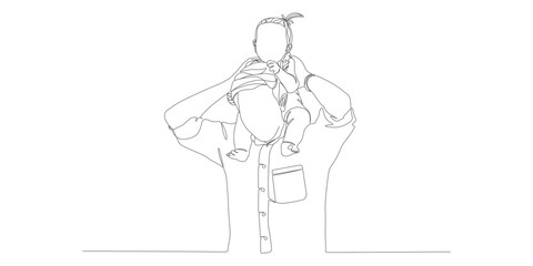 Father Carrying Child on Shoulders - Continuous Line Drawing of Family Bond

